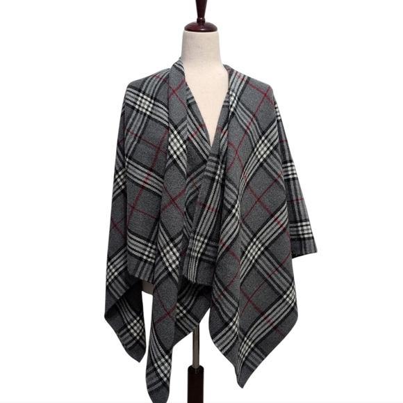 Plaid Wearable Blanket Shawl Wrap Gray White Red Oversize Scarf Poncho - Picture 1 of 6
